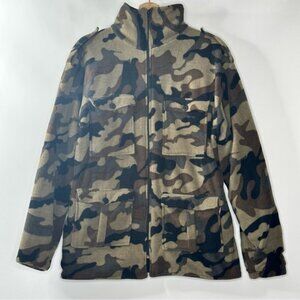 VTG Green Camo Hunting Camp Fleece Jacket Long Sleeves Pockets Zip Up